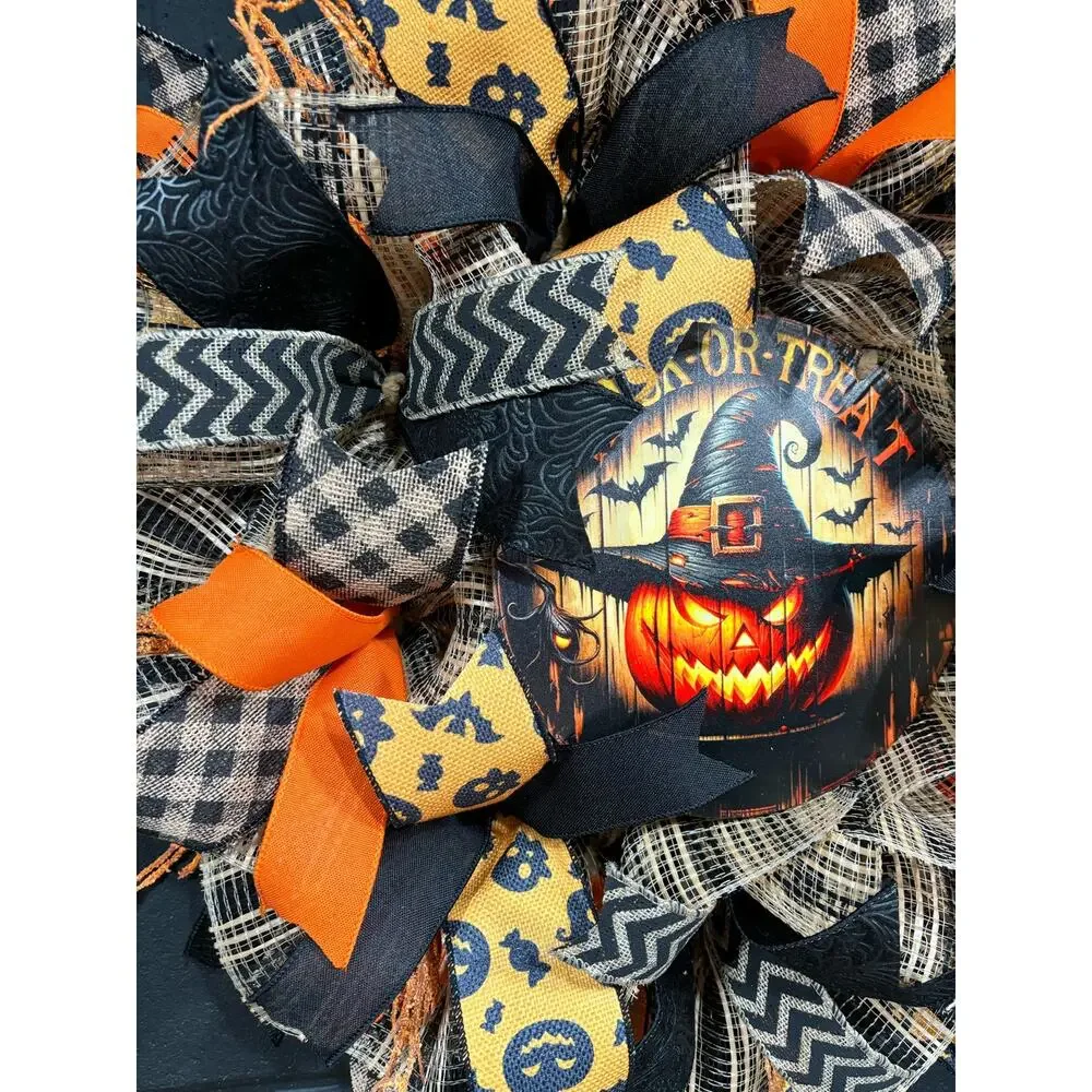 Halloween Wreath For Front Door Spooky Pumpkin Orange and Black Handmade 26 in